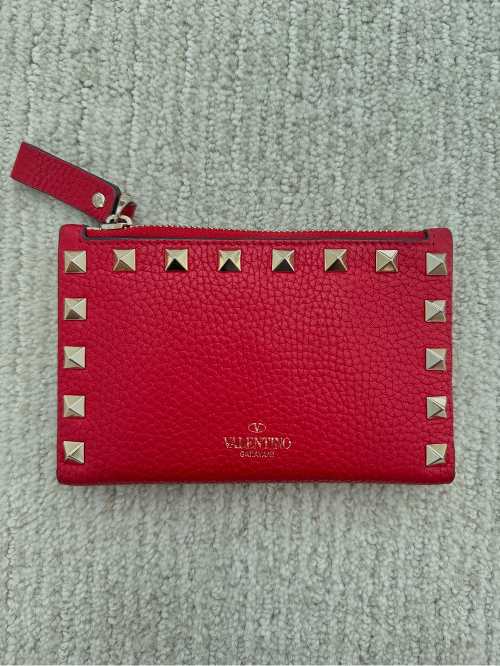 (Auth) Valentino Garavani Rockstud Red Leather Card Holder / Coin Purse
